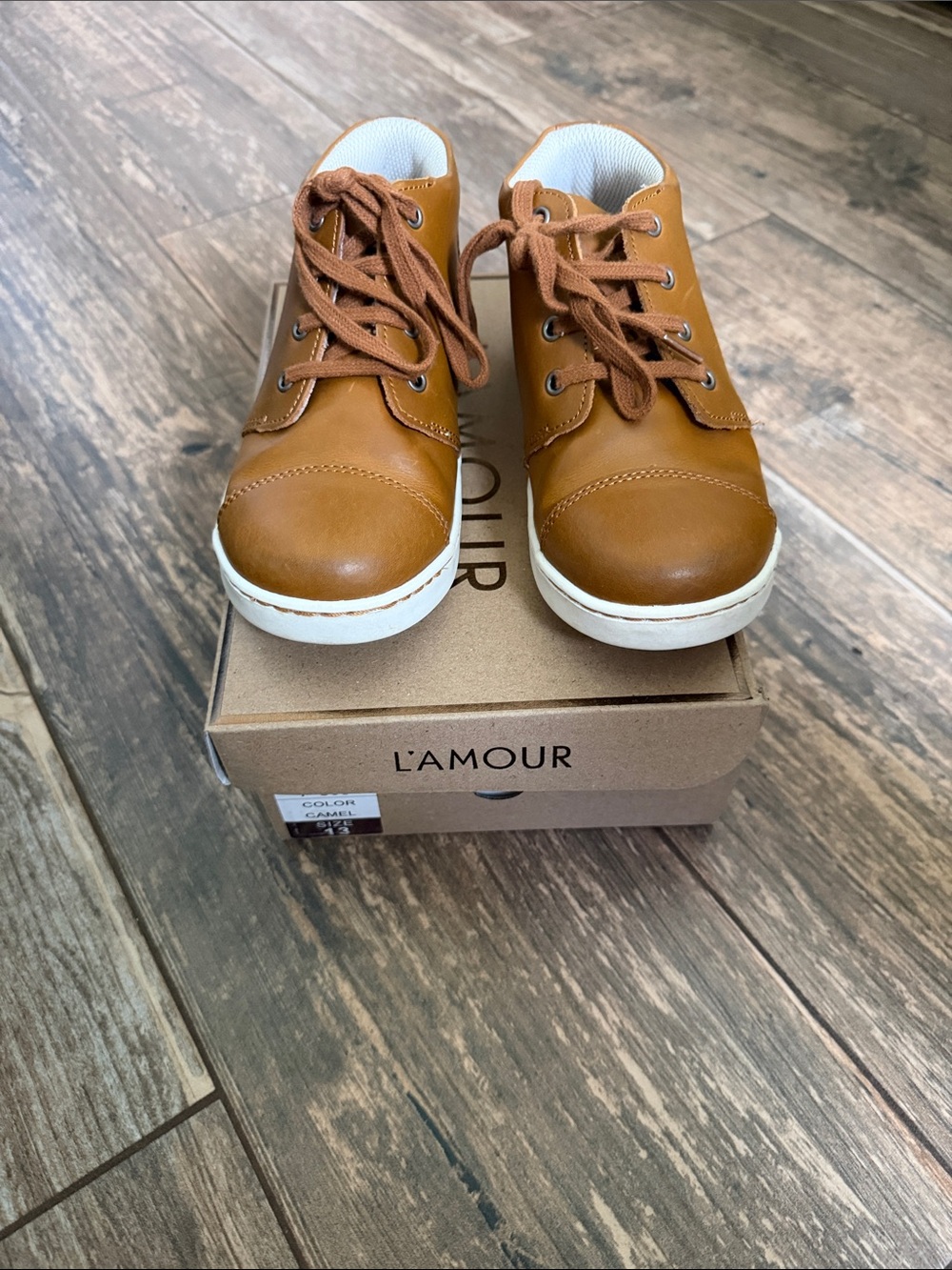 L'Amour Tan Brown Kids Lace-Up Mid-Top Sneaker